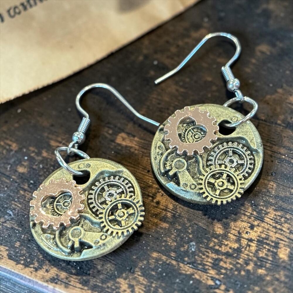 Artisan Steampunk Gear Earrings Mixed Metal Industrial Clockwork Dangles
